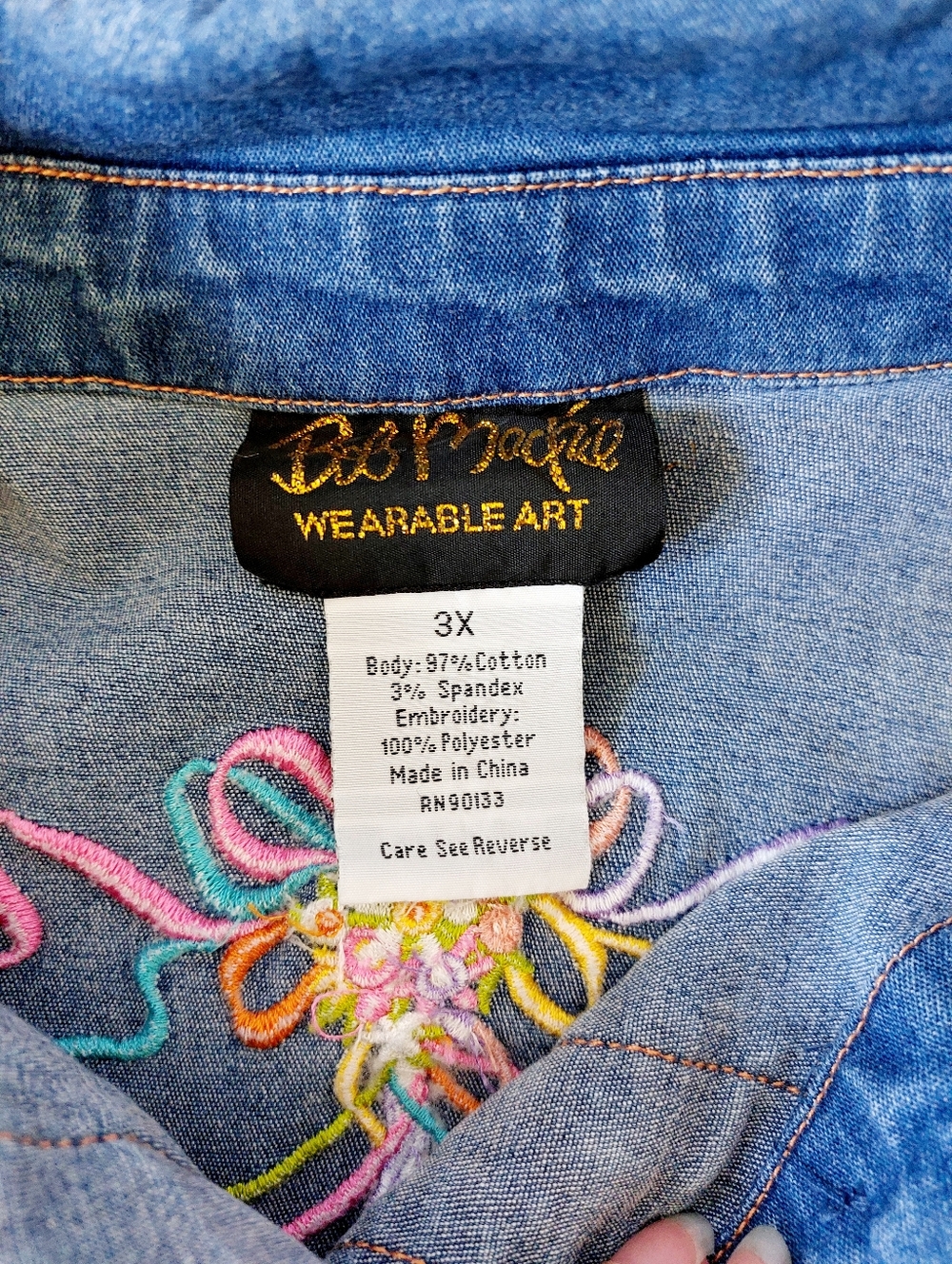 Maypole Spring Floral Embroidered Denim/Chambray Shirt 3X Bob Mackie May Day - Picture 5 of 7